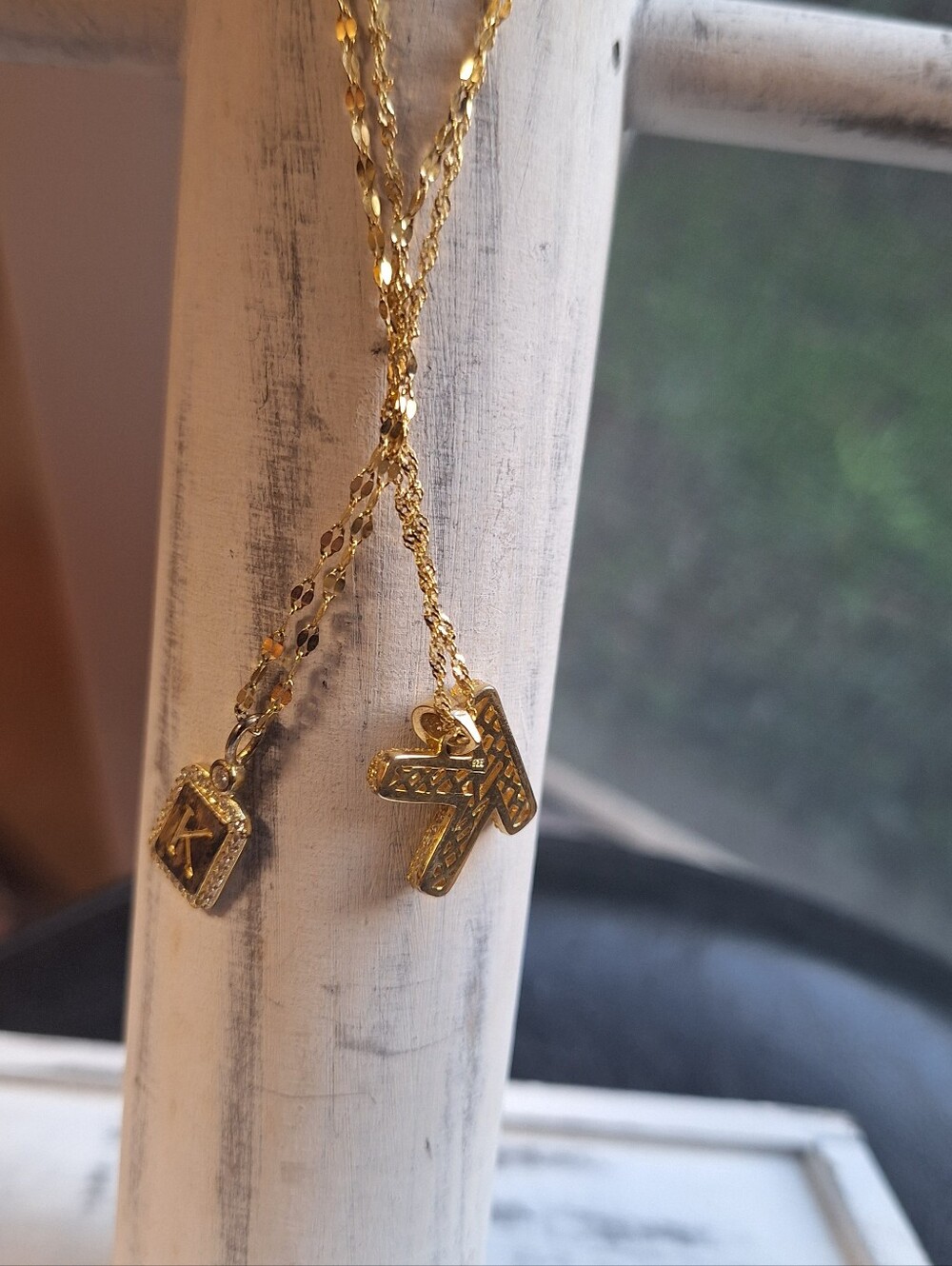 Set of 2 Gold Toned 925 Silver Chains w/ K initial Pendants Feminine Bling